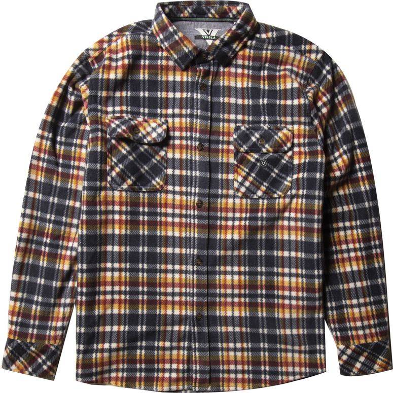 Vissla Eco-Zy Boys Ls Polar Flannel in dark naval color with a plaid pattern, featuring front chest pockets with button-down flaps and hand pockets. Made from 100% recycled polyester with a heavy garment wash for a soft, eco-friendly finish.