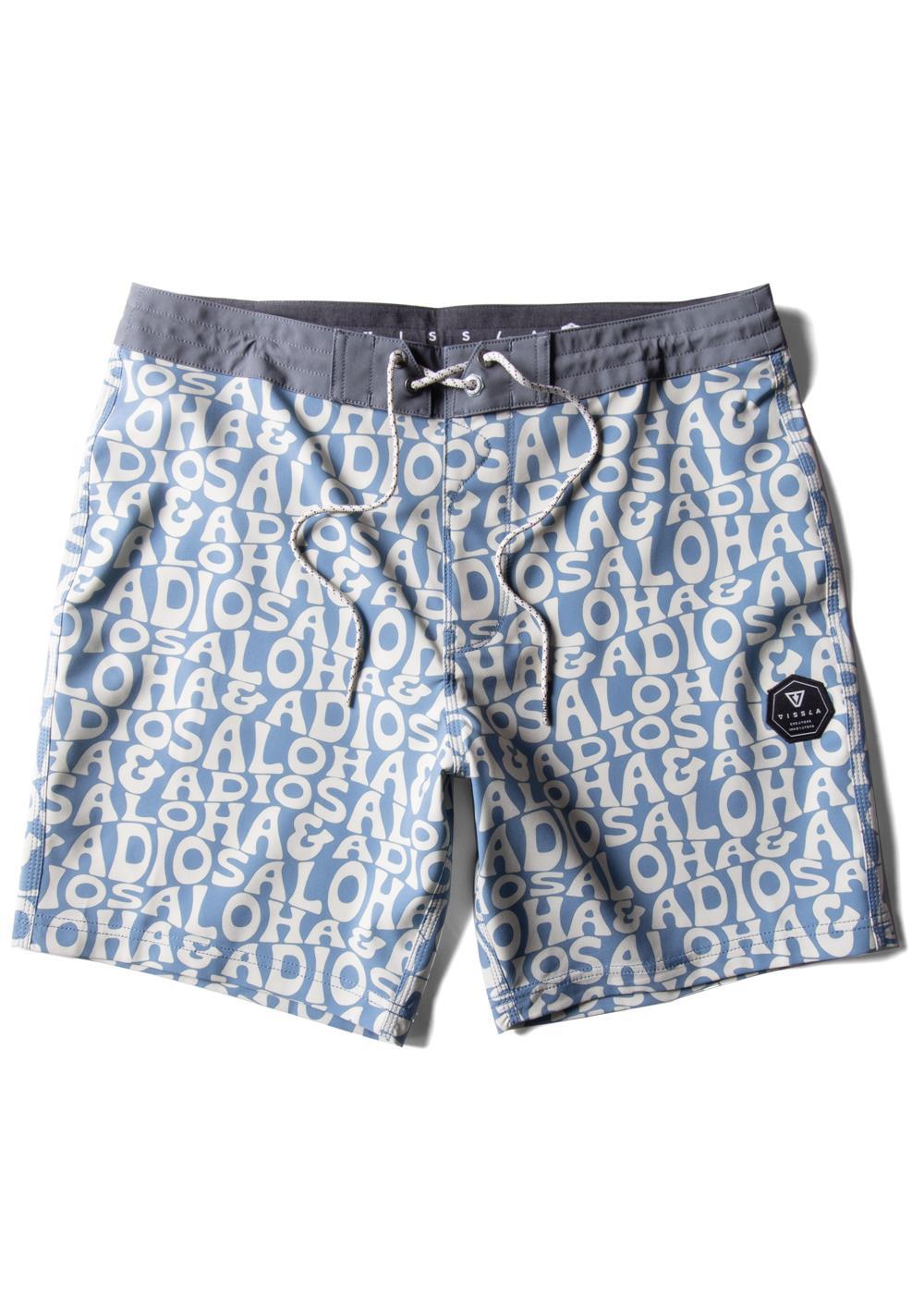 Vissla Aloha & Adios 17-inch boys boardshort with blue text design.