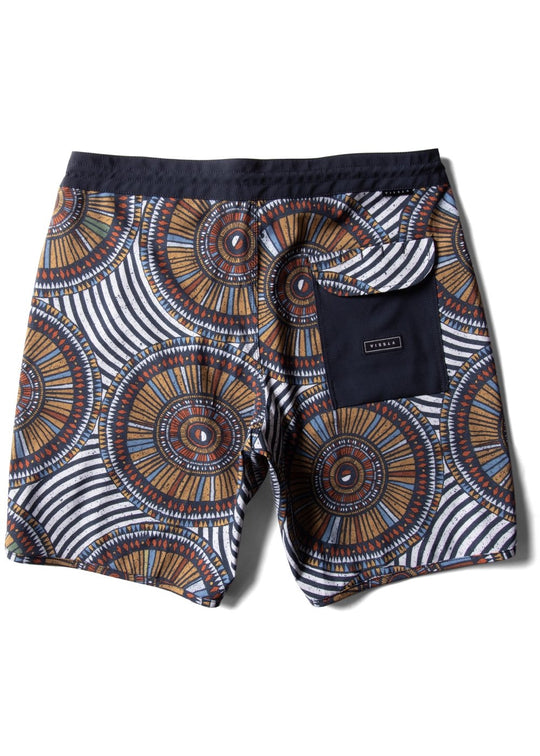 Back view of Vissla Skeleton Coast 18.5" boardshort in Phantom with bold tribal design and pocket.