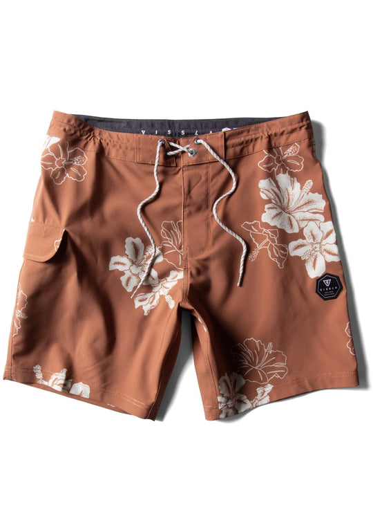 Vissla Byebiscus Boardshort in terracotta with floral print, front view.