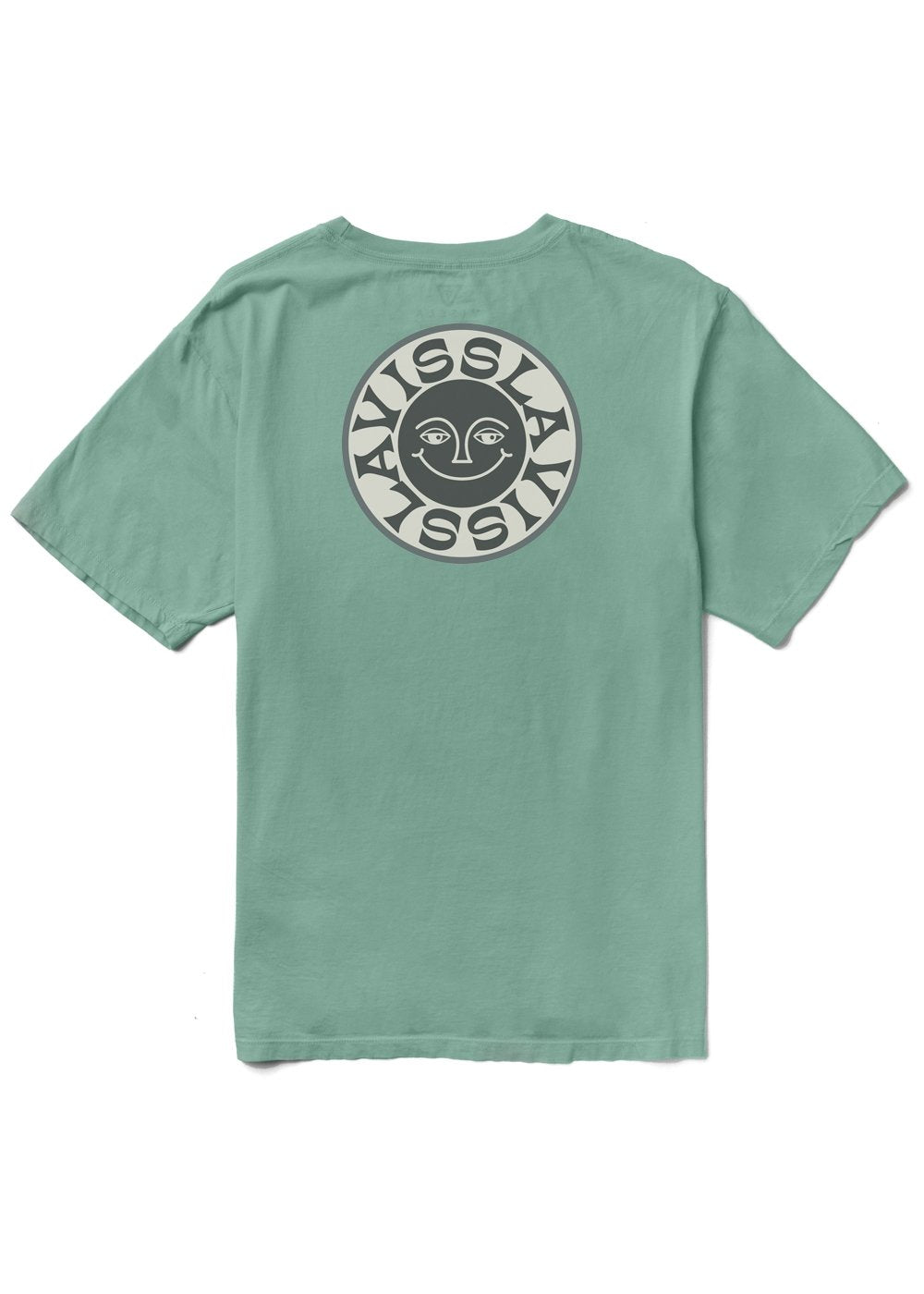 Vissla Solar Smiles Organic Tee in jade with circular sun graphic on back.