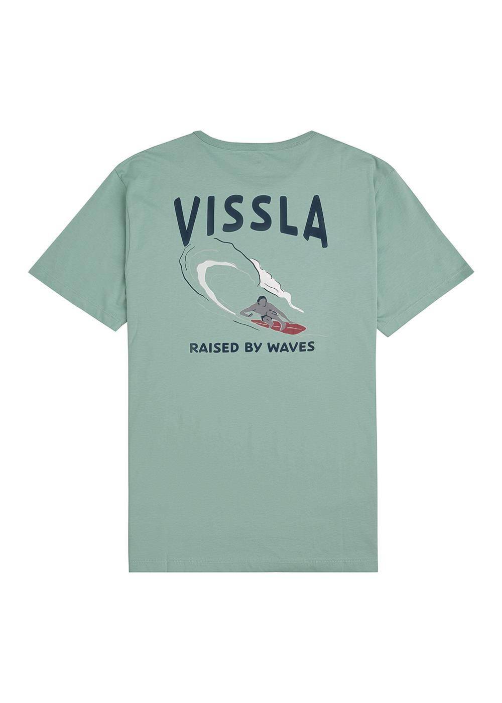Vissla Raised By Waves jade tee with back graphic of wave and surfer.