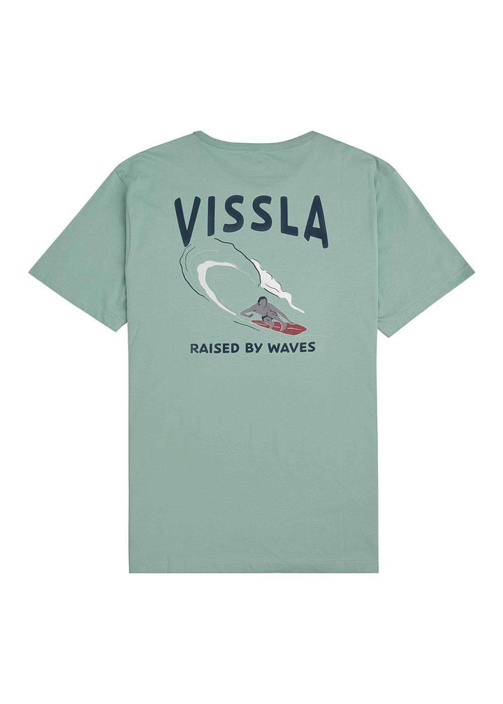 Vissla Raised By Waves jade tee with back graphic of wave and surfer.