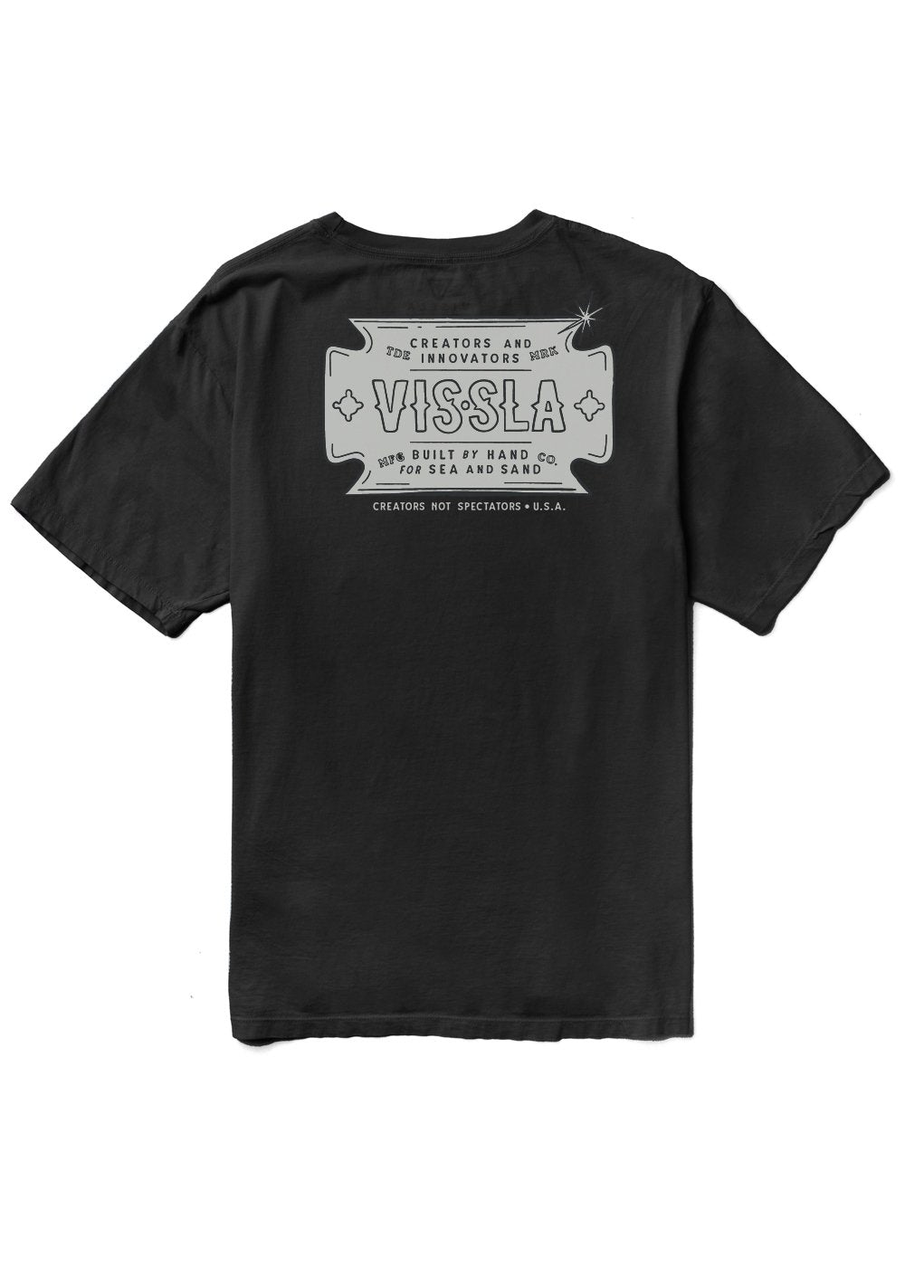 Back view of Vissla Razor Blade Premium Pkt Tee in black with graphic design.