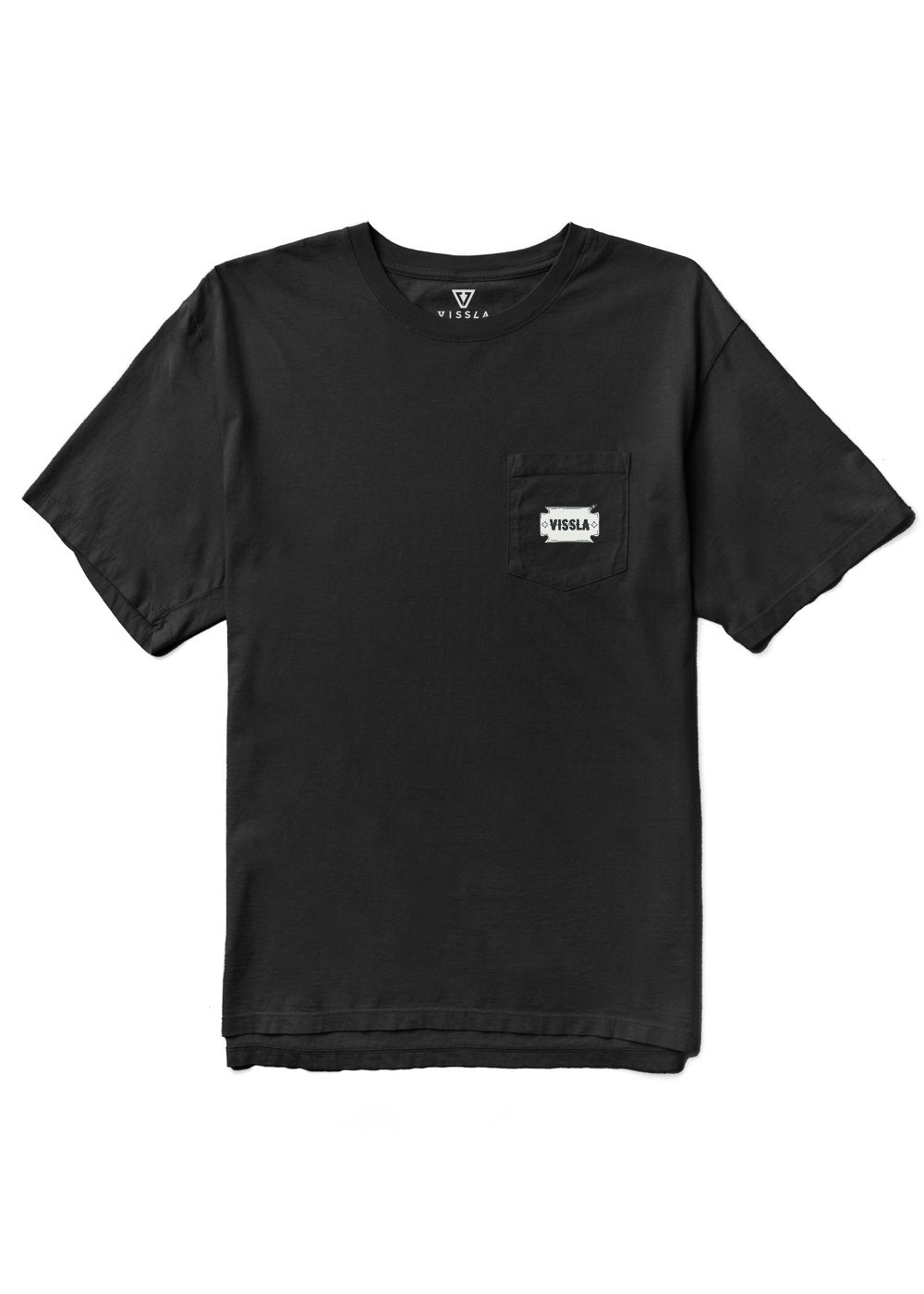 Front view of Vissla Razor Blade Premium Pkt Tee in black with chest pocket.
