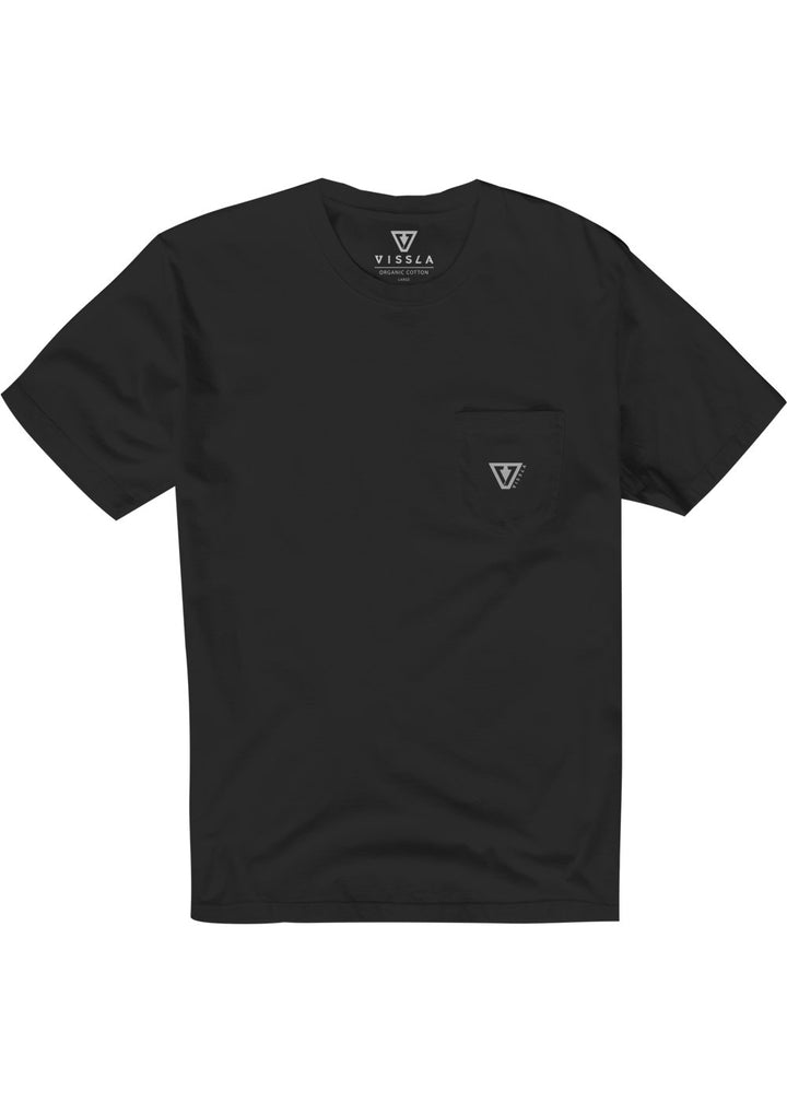 Vissla Established Premium PKT Tee in black with chest pocket and logo.