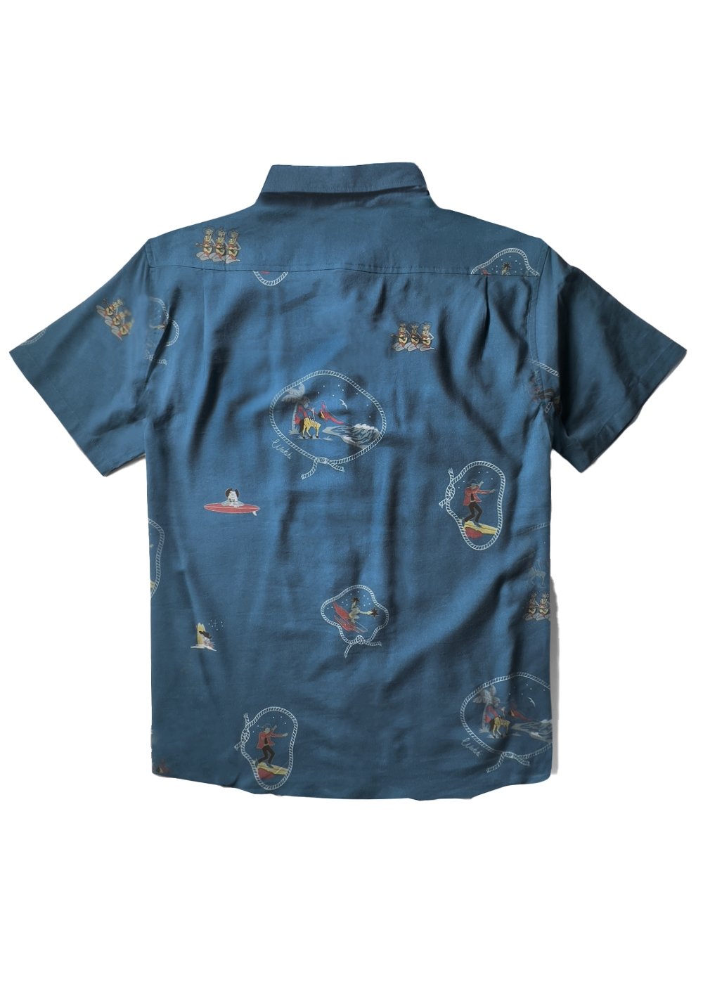 Vissla Soren Wavy West Eco short sleeve shirt in tidal blue, back view.