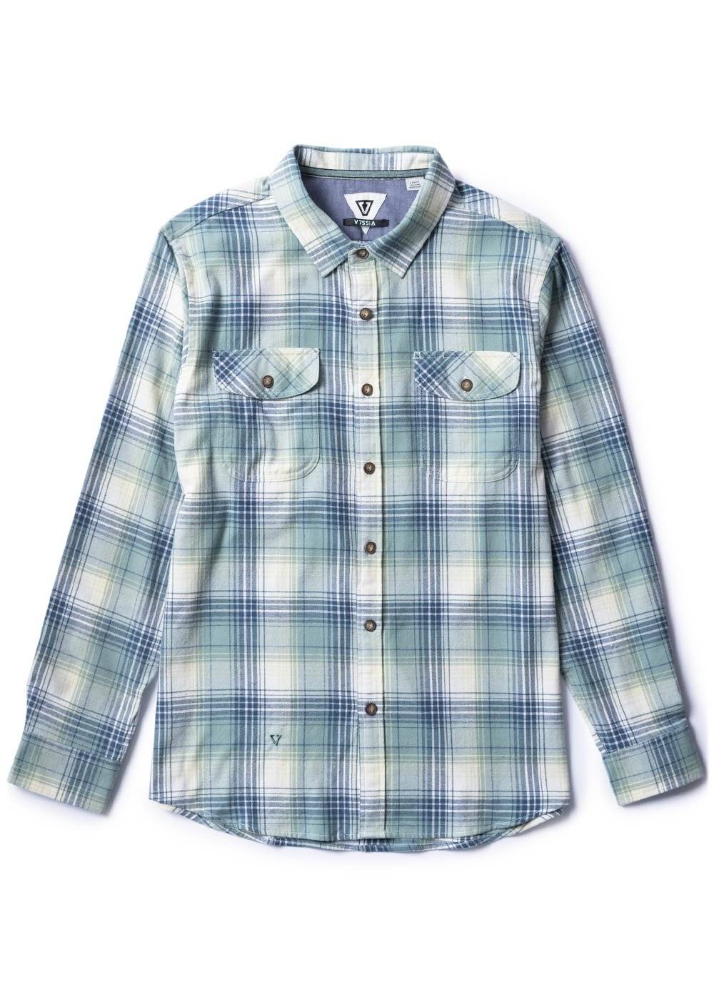 Vissla Central Coast Eco LS Flannel in smokey jade, full front view of eco-friendly shirt.