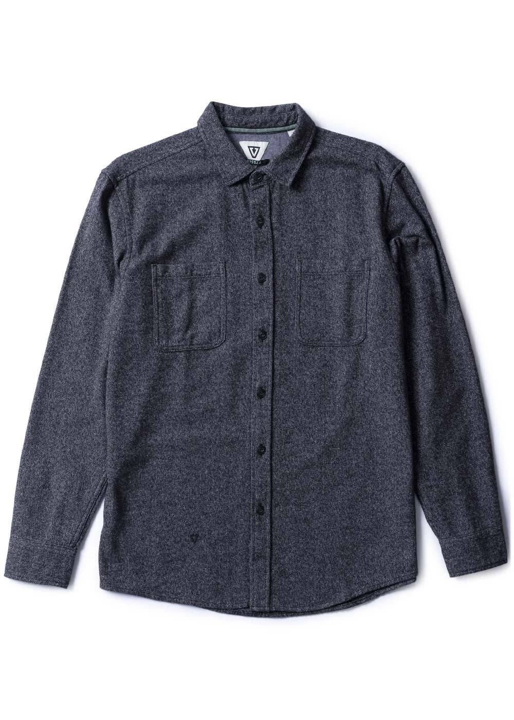 Vissla Shaper Eco Flannel in black, front view of long sleeve shirt.