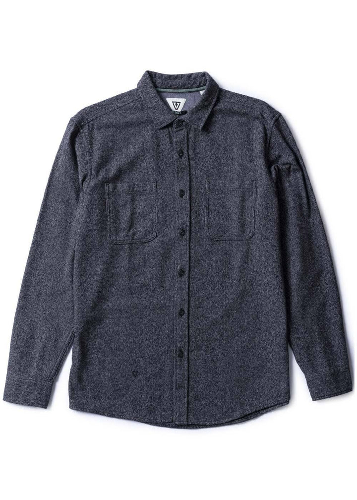 Vissla Shaper Eco Flannel in black, front view of long sleeve shirt.