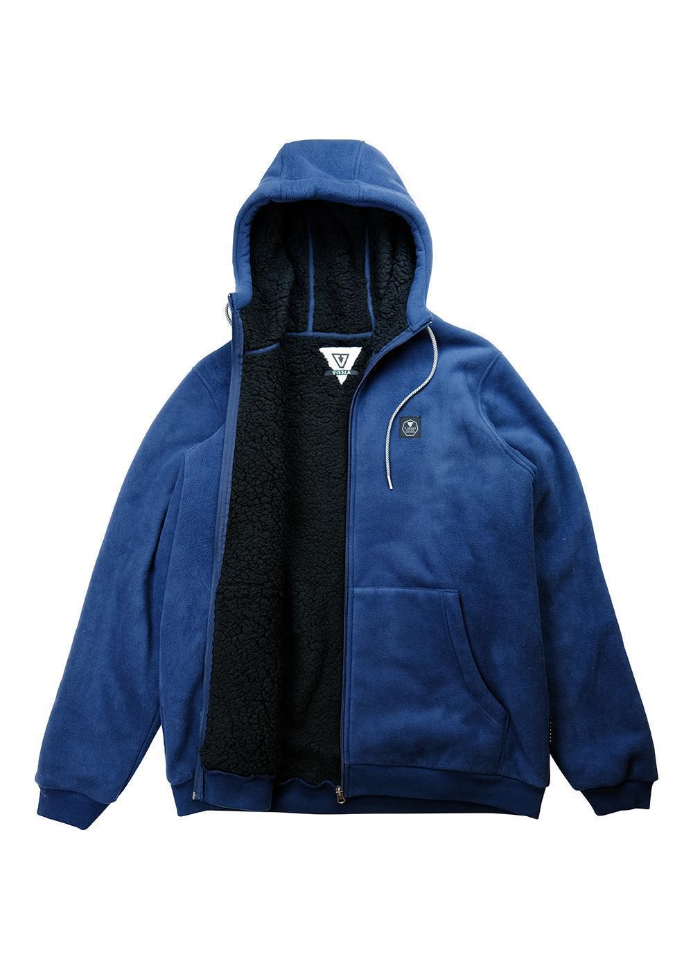 Vissla Eco-Zy Sherpa Fleece jacket in Dark Naval, open front view.