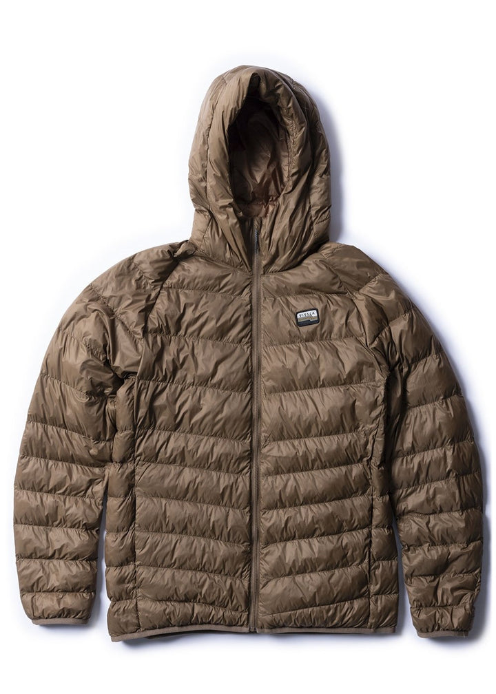 Vissla Pacific Packable Eco Puff Jacket in brown, front view with hood.