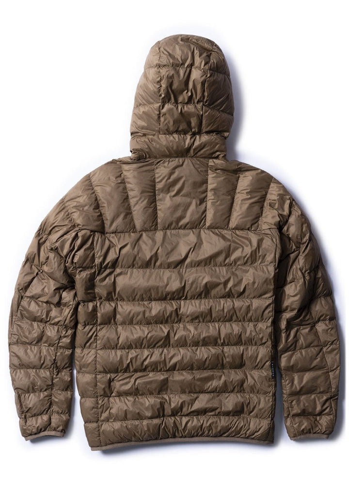 Vissla Pacific Packable Eco Puff Jacket in brown, back view with hood.