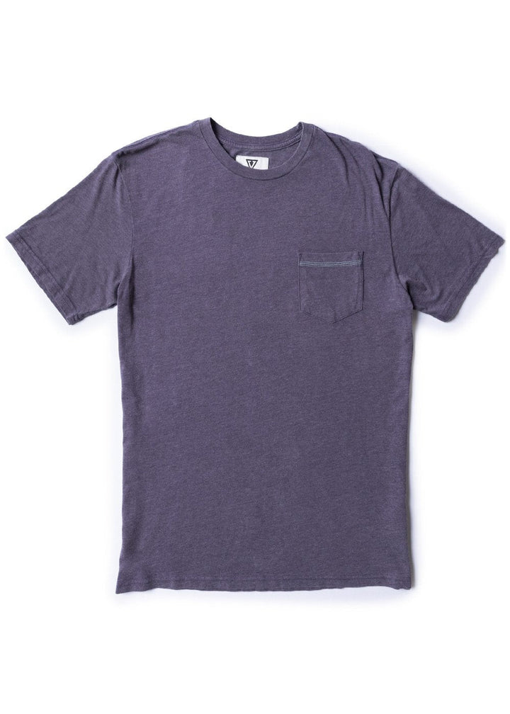 Vissla Solid Sets Ss Pkt Tee in Purple Haze, front view with pocket detail.