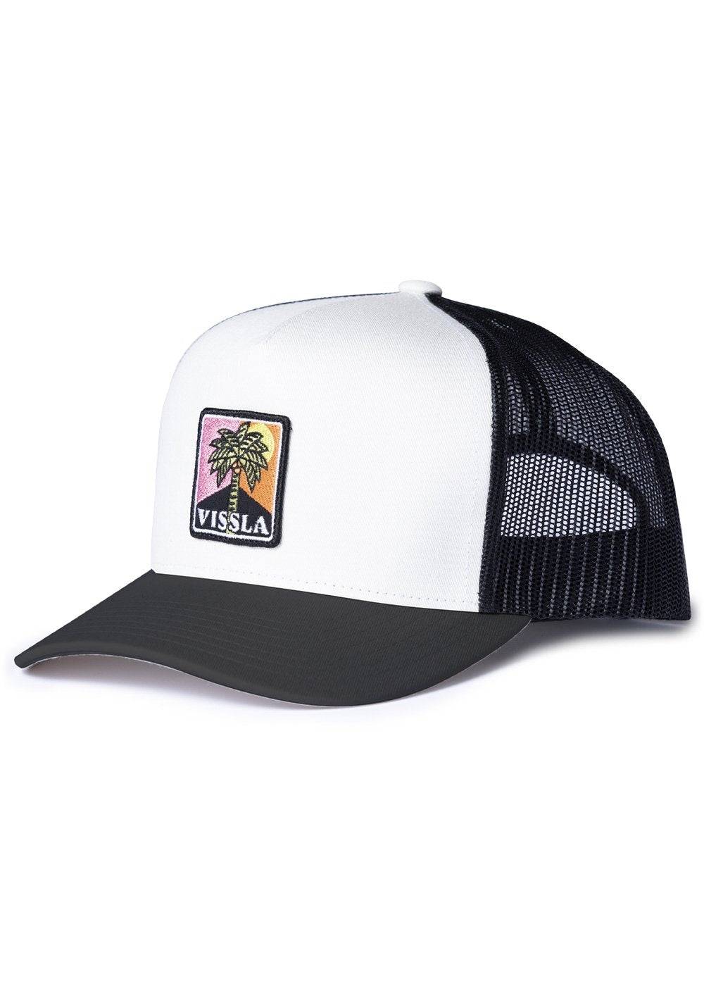 Vissla Solid Sets Eco Trucker Hat with palm tree patch, white front, black mesh back.
