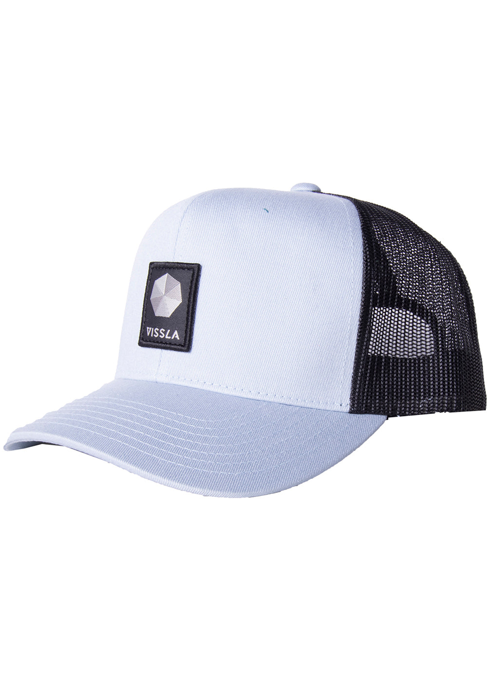 Vissla Spectrum Eco Trucker Hat in light blue with black mesh back.