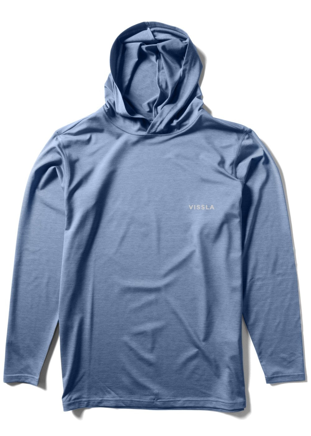 Vissla Twisted Eco Hooded Long Sleeve Lycra in blue, front view.