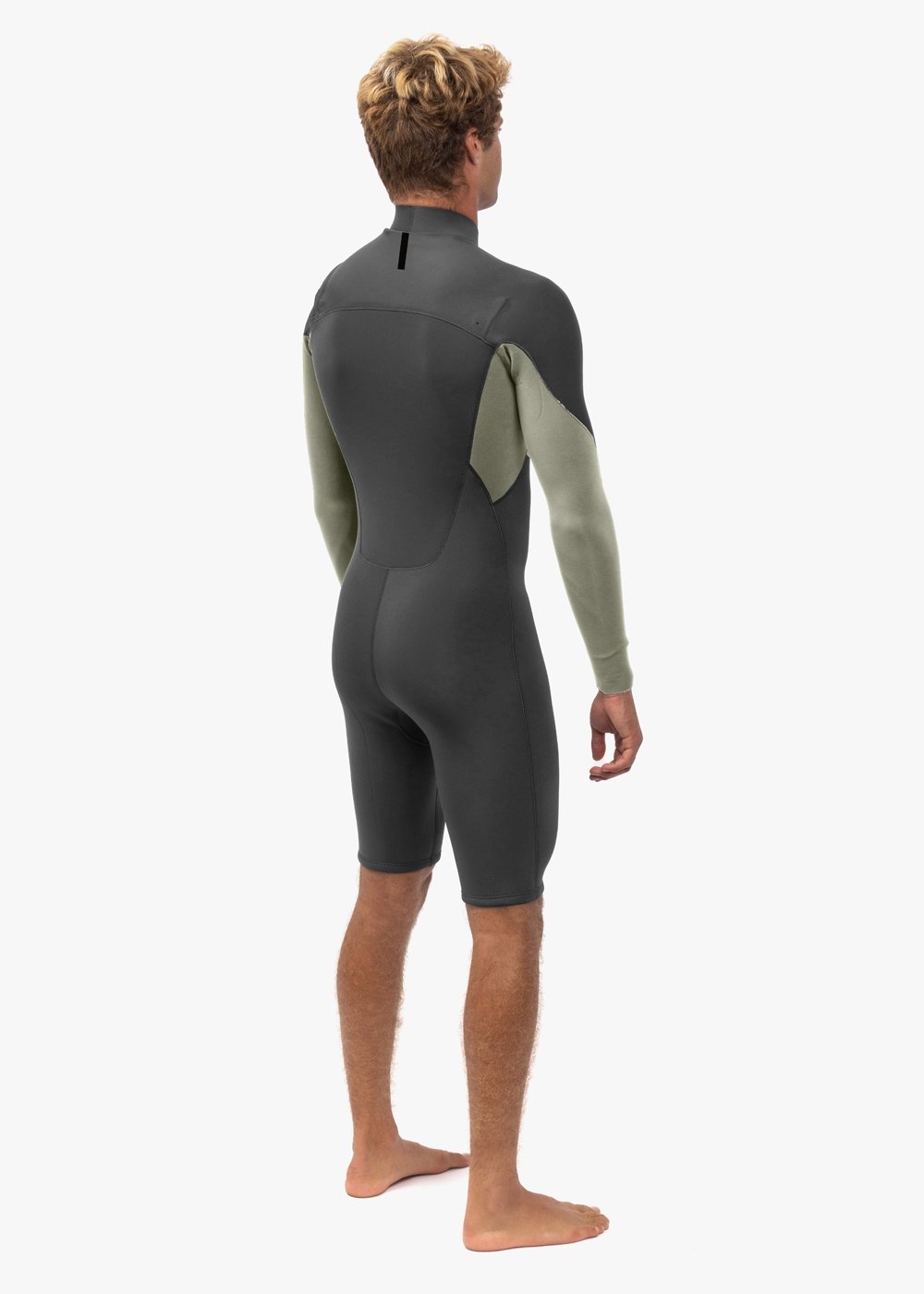 Vissla Natural Seas 2-2 LS Spring wetsuit, back angled view, sleek black and olive style.
