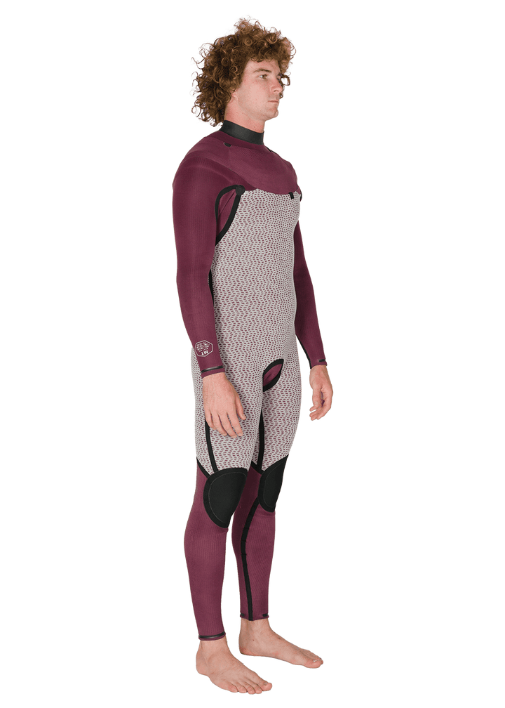 Vissla New Seas 5-4 U-Zip Wetsuit in maroon interior, side angle view.