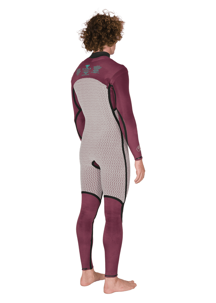 Vissla New Seas 5-4 U-Zip Wetsuit in maroon interior, back angle view.