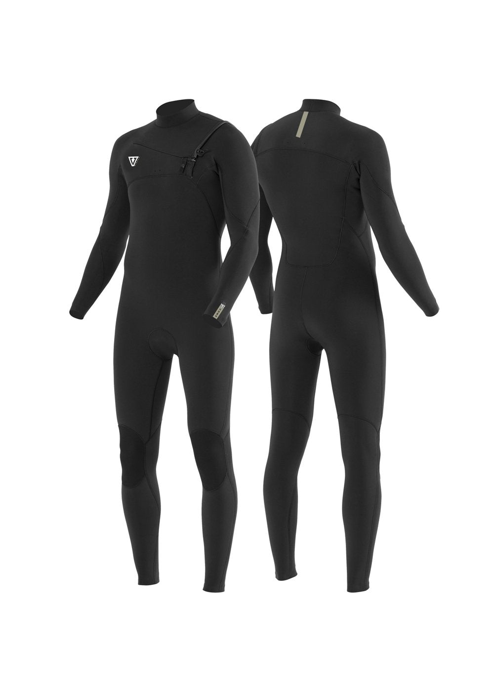 Vissla 7 Seas Comp 3-2 chest zip wetsuit in black, front and back views.