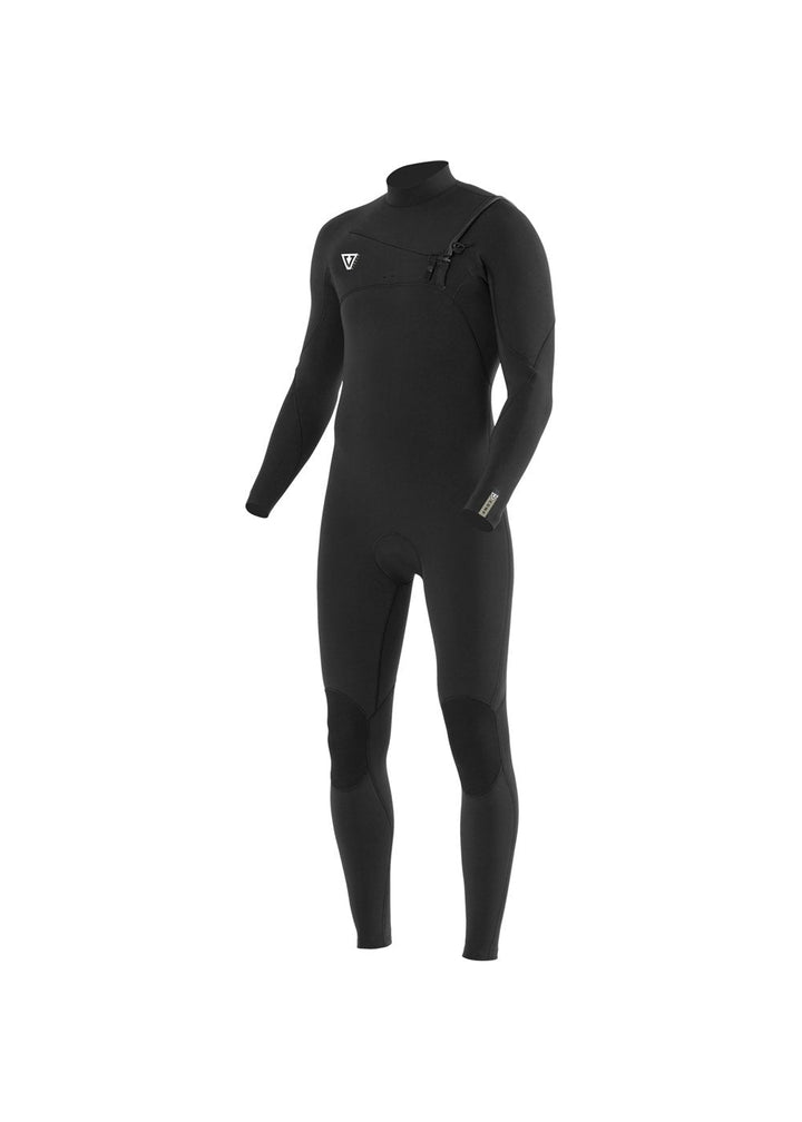 Vissla 7 Seas Comp 3-2 chest zip full wetsuit in black, front view.