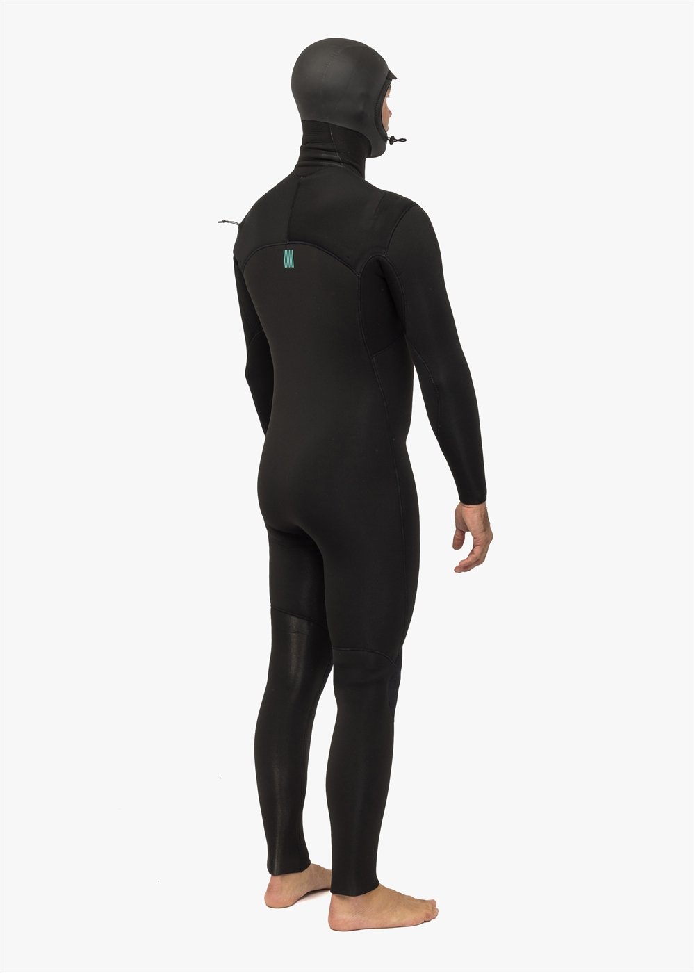 Back view of Vissla New Seas 4-3 Hooded V-Zip Wetsuit in black.