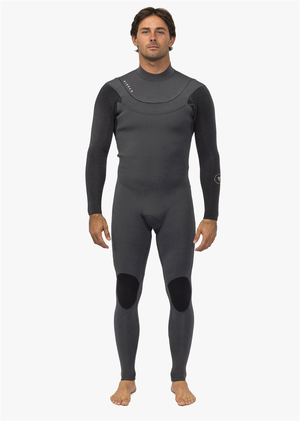 Front view of Vissla New Seas 4-3 U-Zip Wetsuit in graphite color.