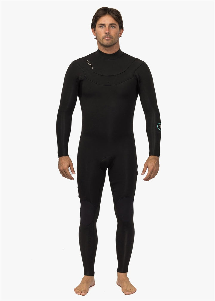 Front view of Vissla New Seas 4-3 U-Zip Wetsuit in black, full-body design.