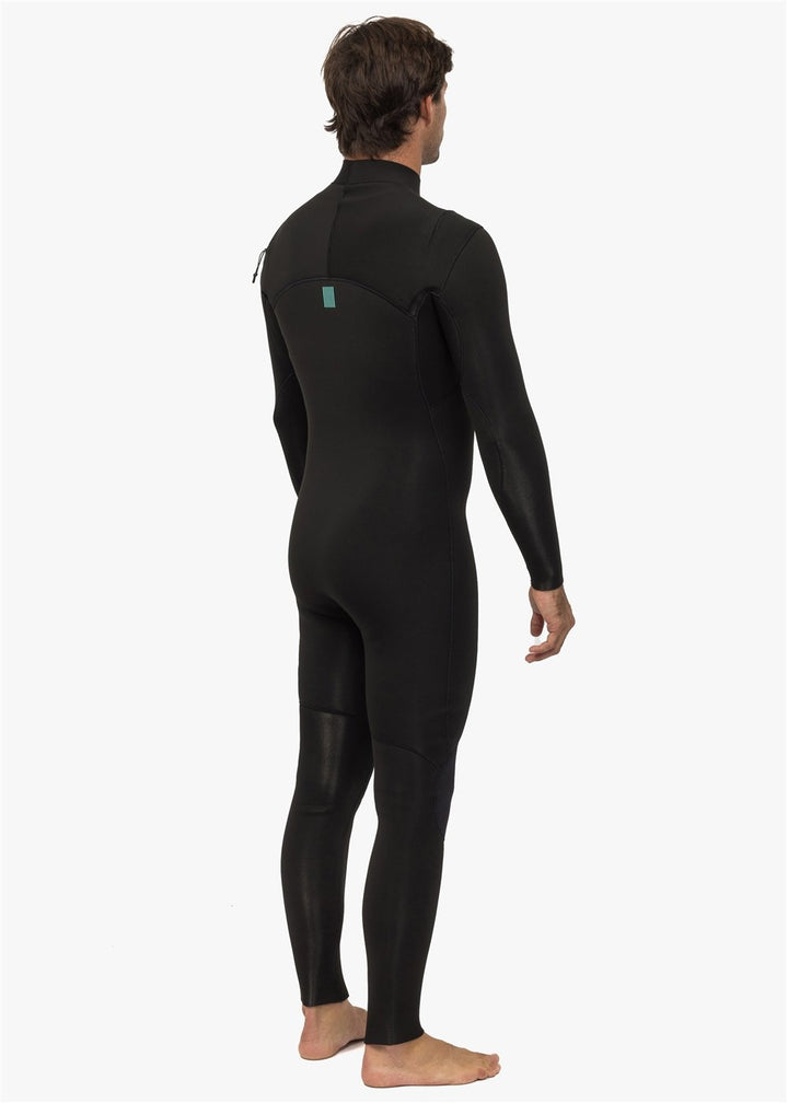 Rear view of Vissla New Seas wetsuit in black, highlighting sleek fit and design.