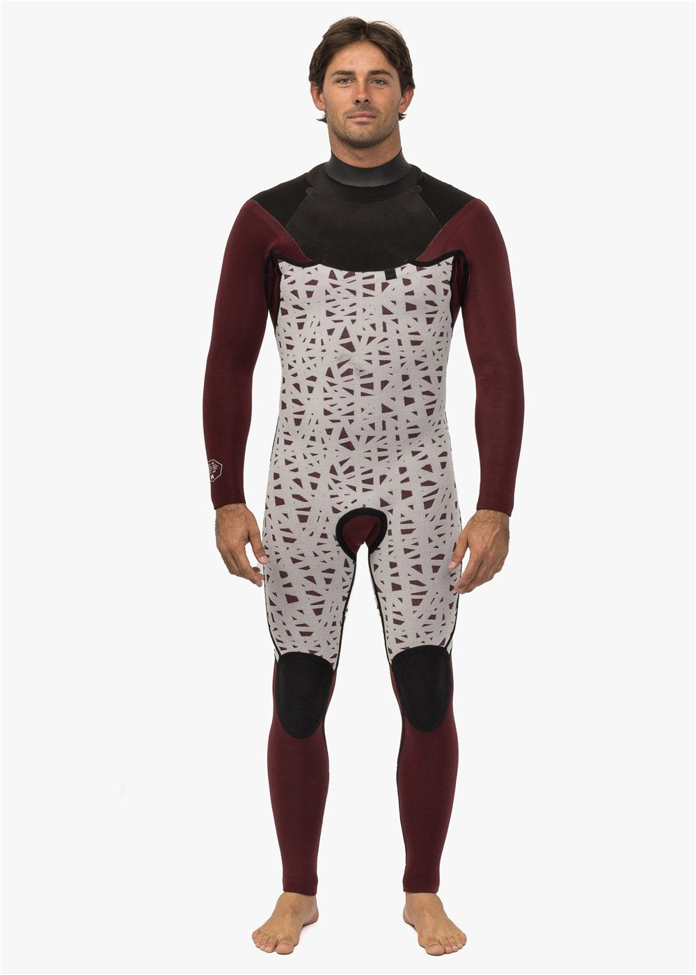 Front view of Vissla wetsuit with interior lining exposed, showcasing burgundy and patterned design.