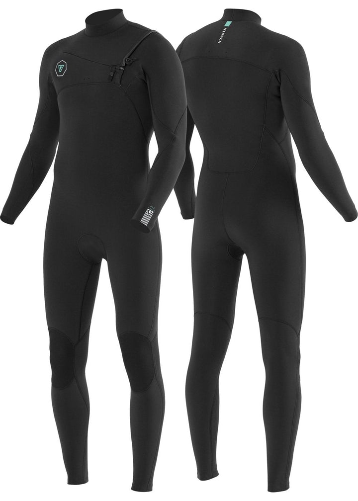 Vissla 7 Seas 4/3 chest zip black wetsuit, full-length, front and back view.