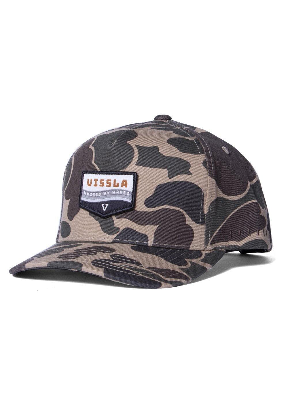 Vissla Sevens Hat in camo design featuring a 5-panel snapback style with an embroidered patch on the front. Made from 100% cotton for comfort.