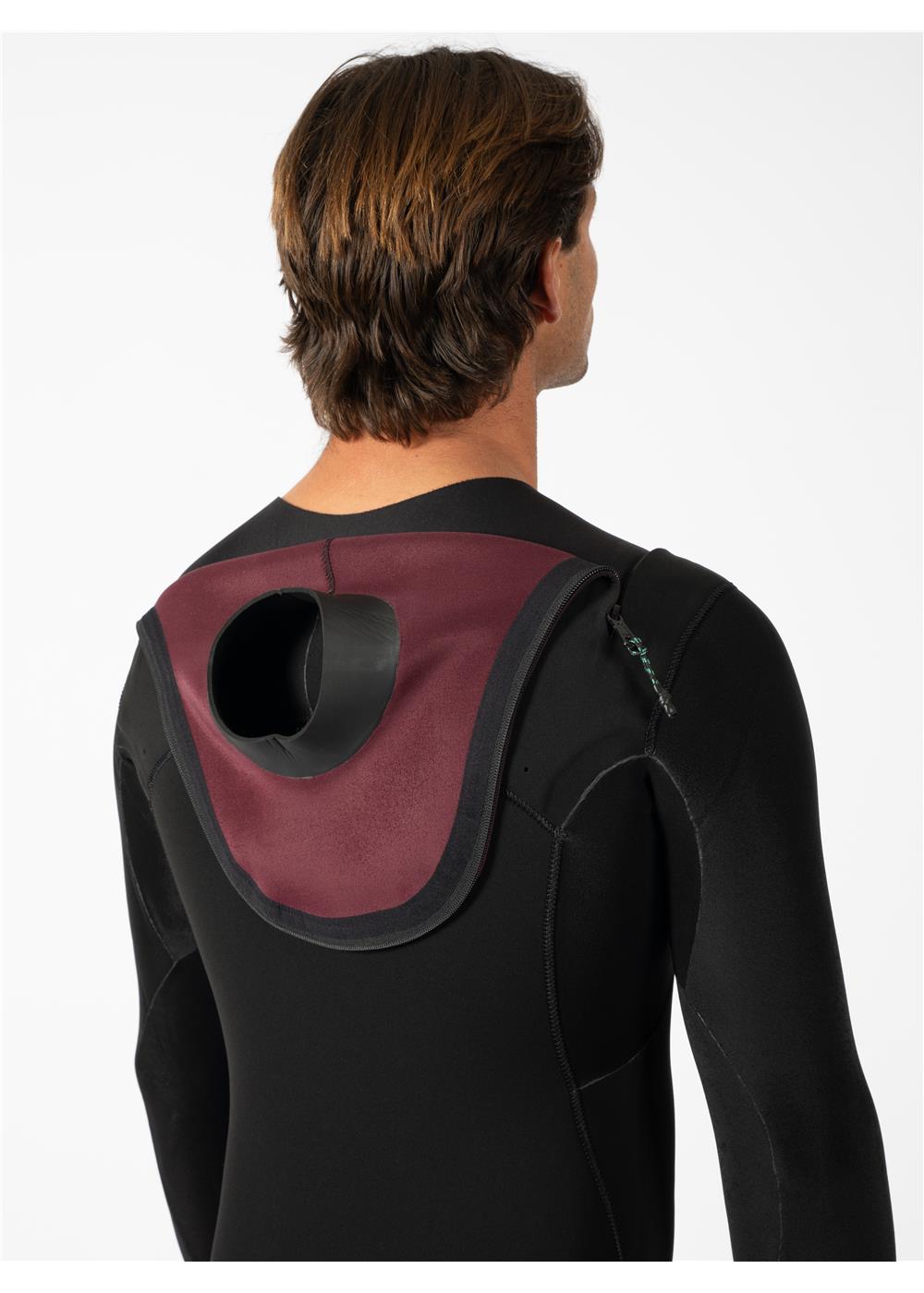 Close-up of wetsuit hood design with burgundy interior and black exterior.