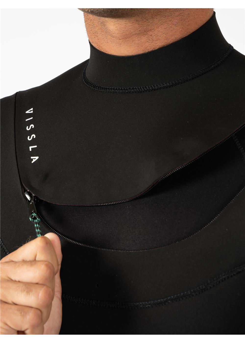 Close-up of Vissla New Seas wetsuit U-zip design with logo detail.