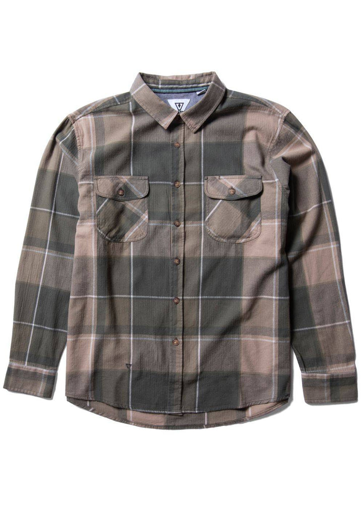 Vissla Central Coast Eco LS Flannel in vintage green with front pockets.