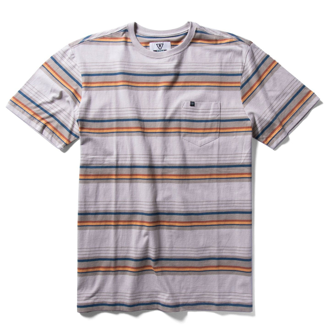 Vissla Olada Eco SS Pkt Tee in Dune with striped design and chest pocket.