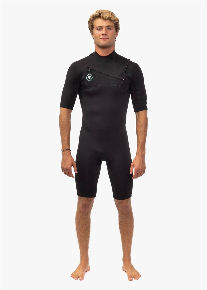 Front view of Vissla 7 Seas 2-2 Spring Wetsuit in black with chest zip.