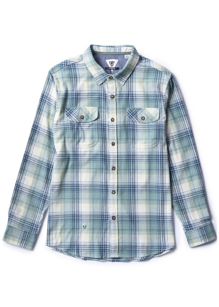 Vissla Central Coast Eco LS Flannel in smokey jade, full front view of eco-friendly shirt.