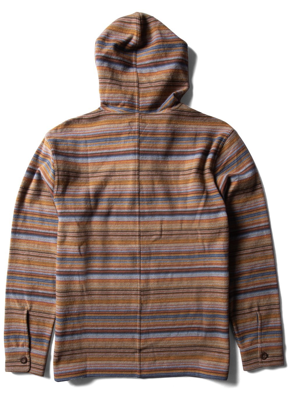 Vissla Descanso Hooded Popover with striped design, back view.