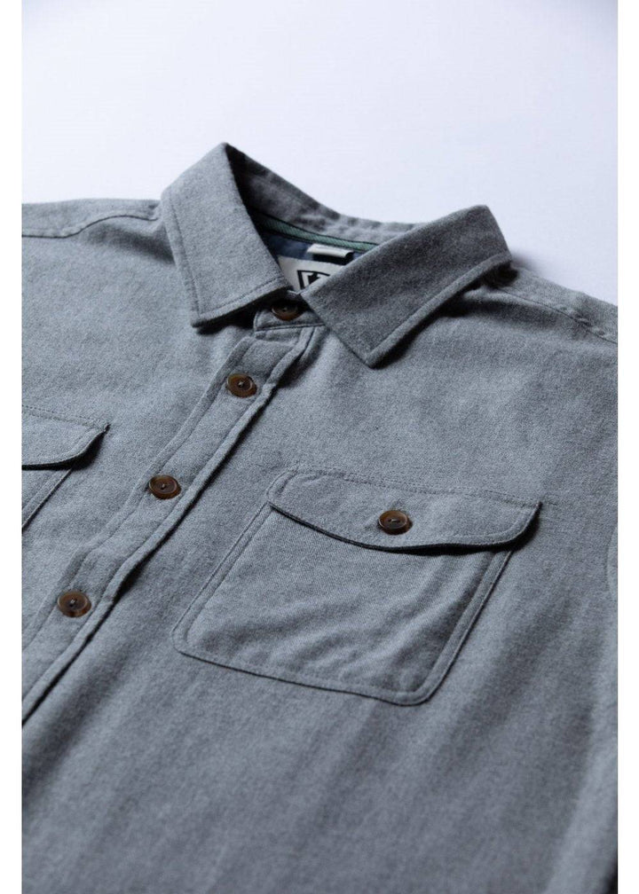 Close-up of Vissla Go To Shirt in grey heather, showcasing collar and chest pockets.