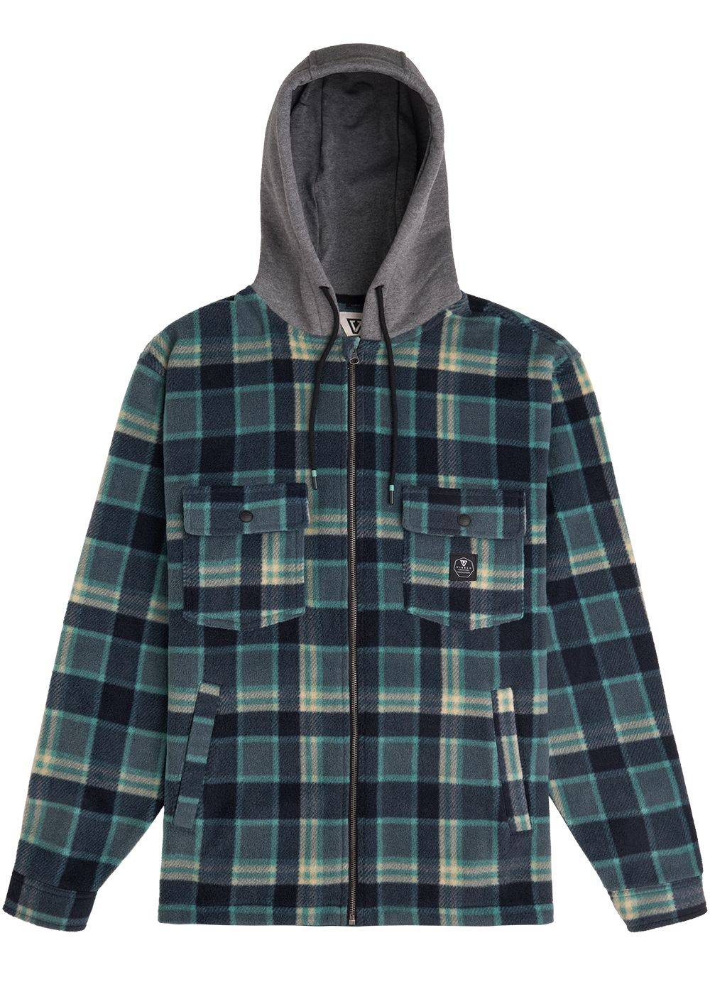 Vissla Hermosa Hooded Shirt in Smokey Jade with plaid design and front pockets.