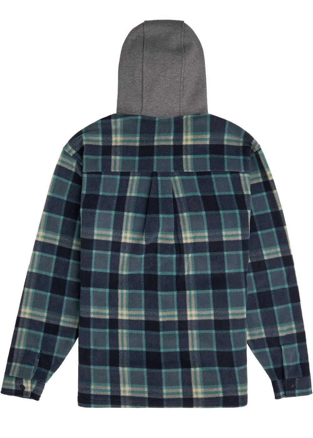Back view of Vissla Hermosa Hooded Shirt in Smokey Jade with plaid pattern.