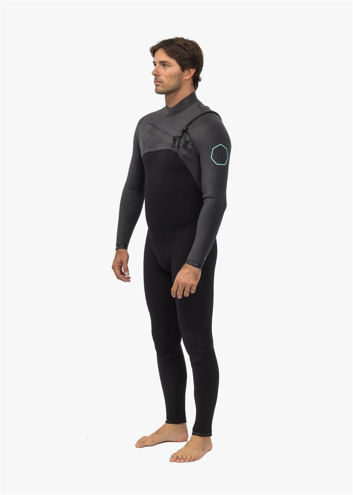 Vissla High Seas II 3-2 full chest zip wetsuit in charcoal, side view.
