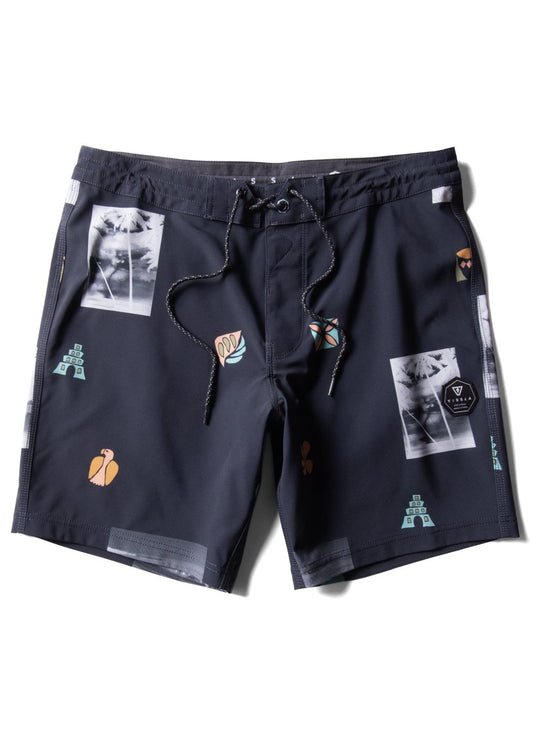 Vissla Neu Wave 17.5" black boardshort with abstract prints, front view.