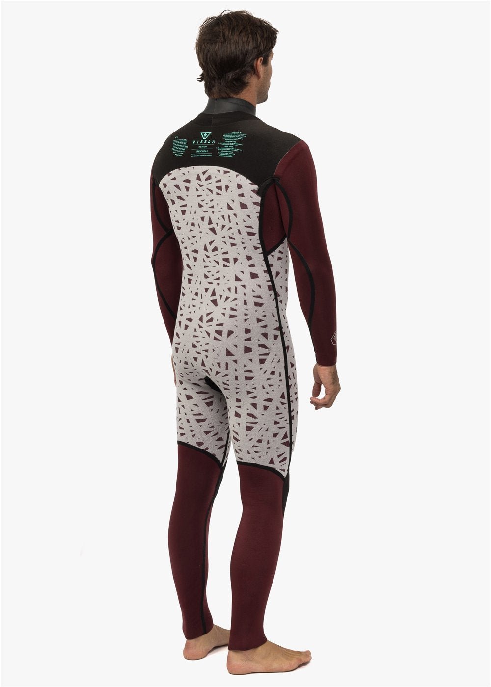 Back view of Vissla New Seas wetsuit showing thermal lining details.