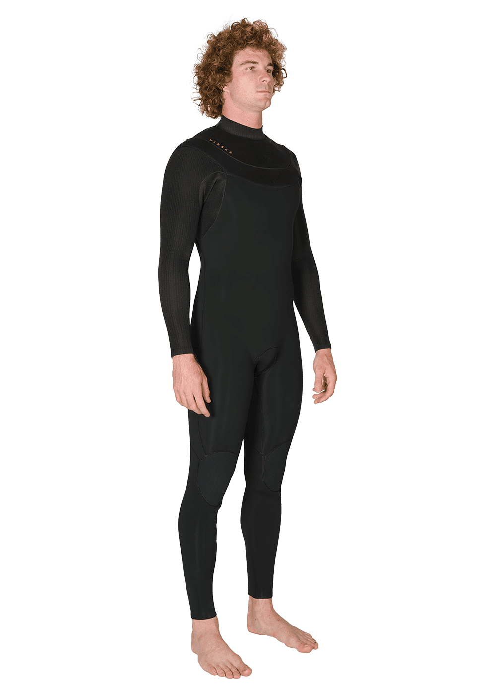 Vissla New Seas 5-4 U-Zip Wetsuit in black, side angle view.