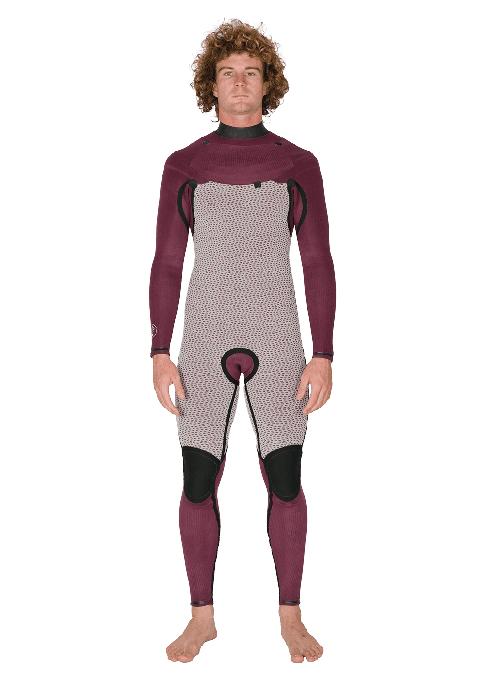 Vissla New Seas 5-4 U-Zip Wetsuit in maroon interior, front view.