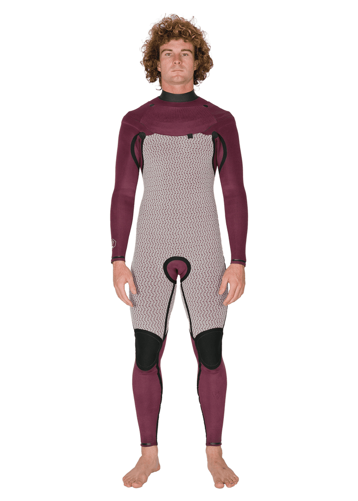 Vissla New Seas 5-4 U-Zip Wetsuit in maroon interior, front view.