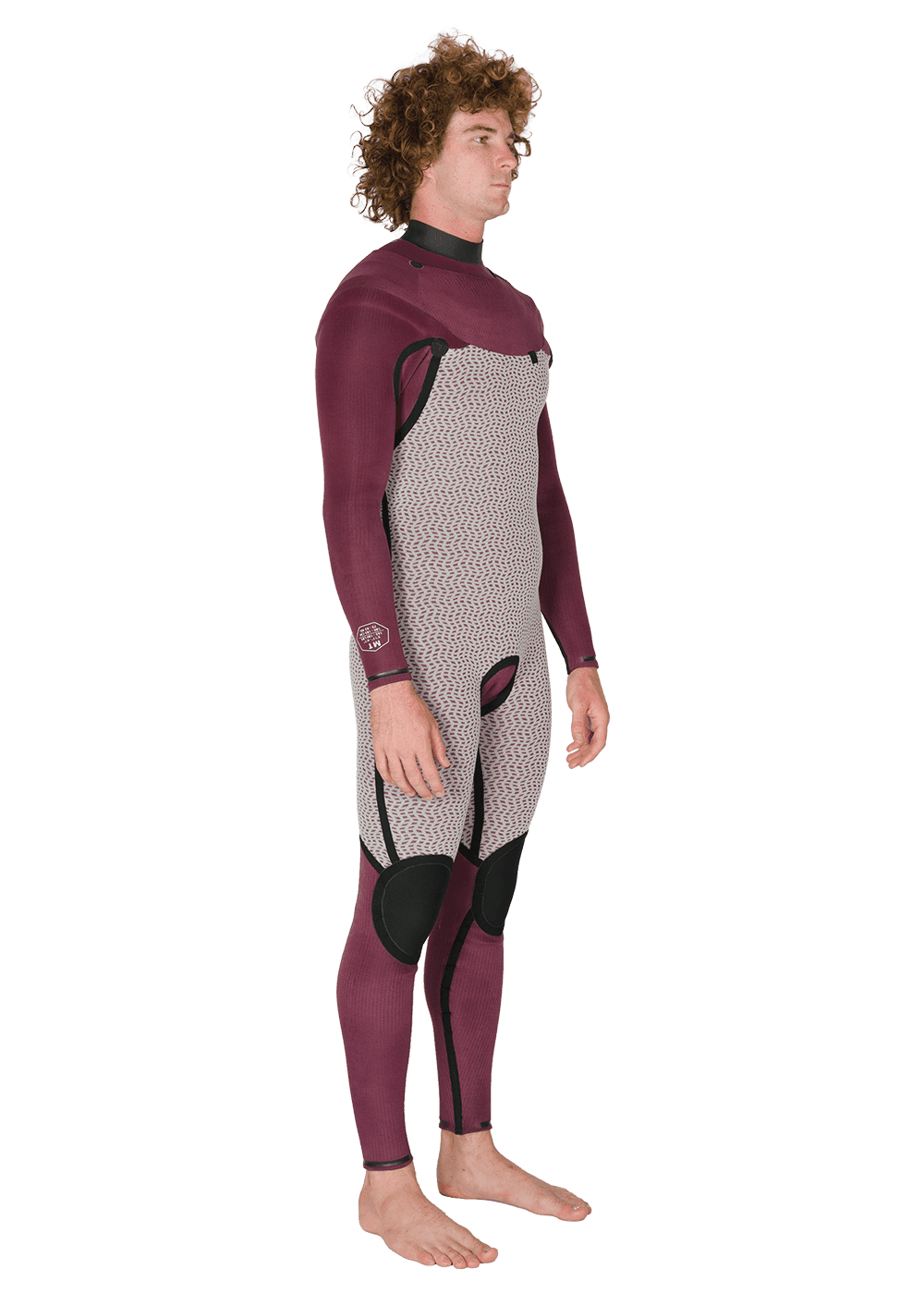 Vissla New Seas 5-4 U-Zip Wetsuit in maroon interior, side angle view.